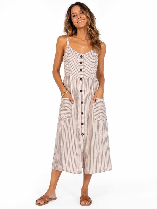 Artisan Ny Dresses & Skirts - Artisan Ny Cream Pink Red  Striped Button-Front Midi Dress Linen 8